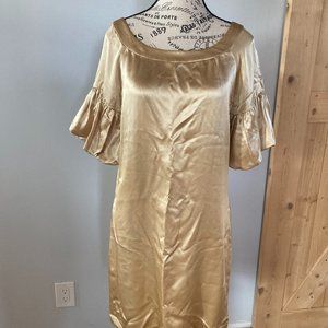 Gold 100% Silk Sheath Mini Dress Balloon Tucked Sleeves Size 8